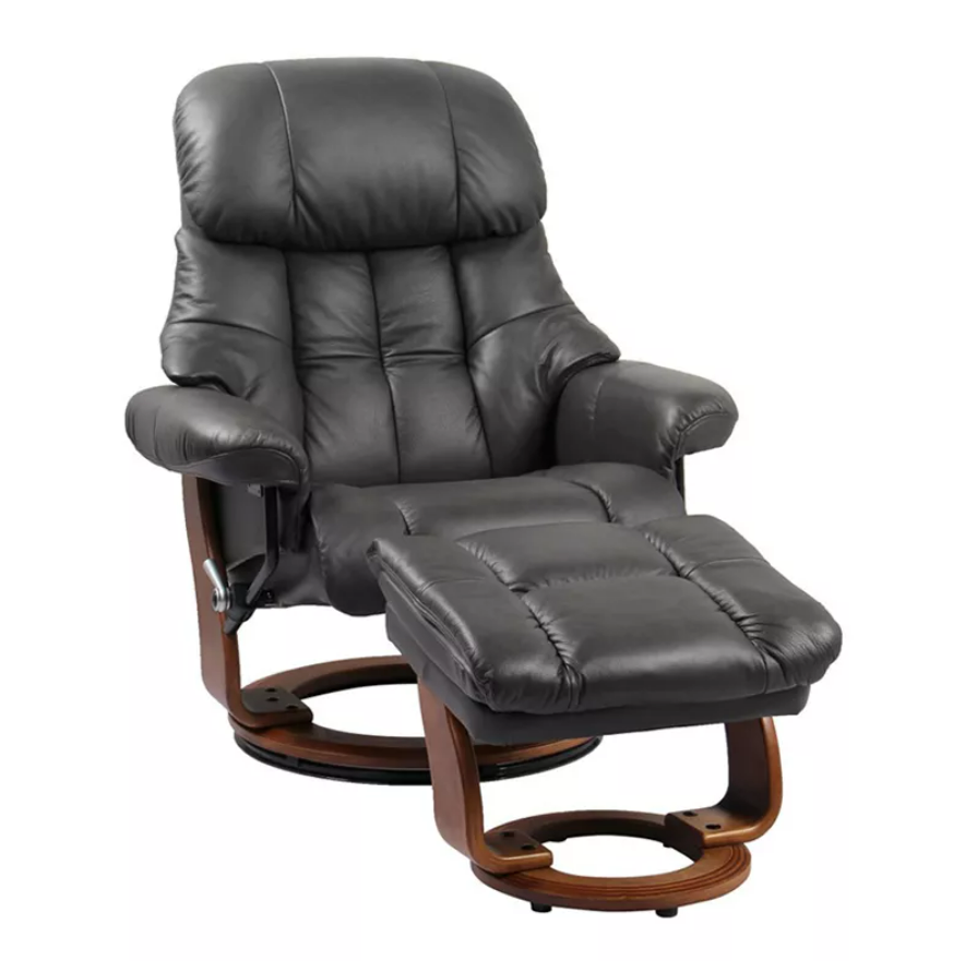 Swivel Reclining Chair with Ottoman Grey Top Grain Leather with Vinyl Match image 1